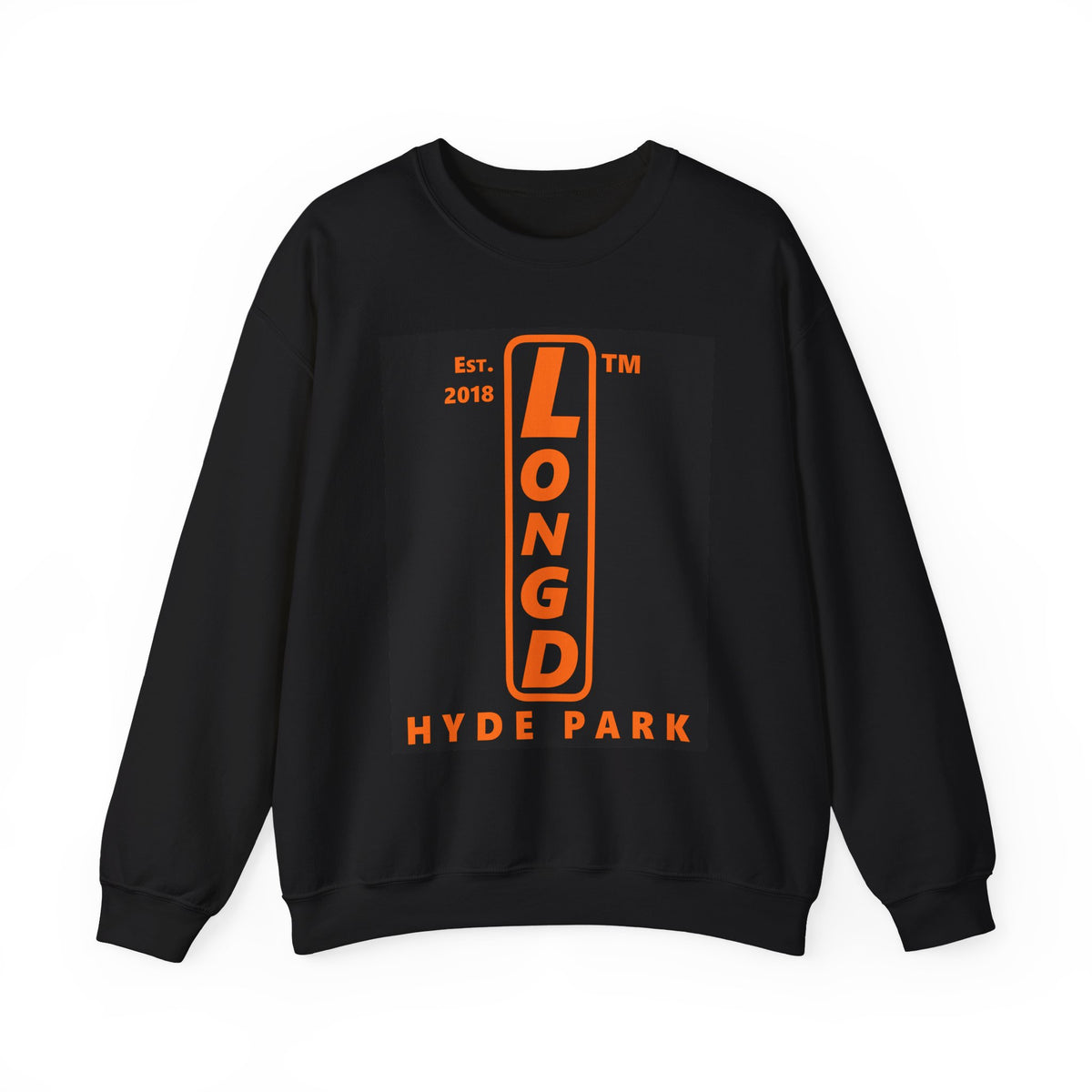 LongD Hyde Park upright logo orange (FE7518) on Black (000000) (Halloween colors) crewneck sweatshirt