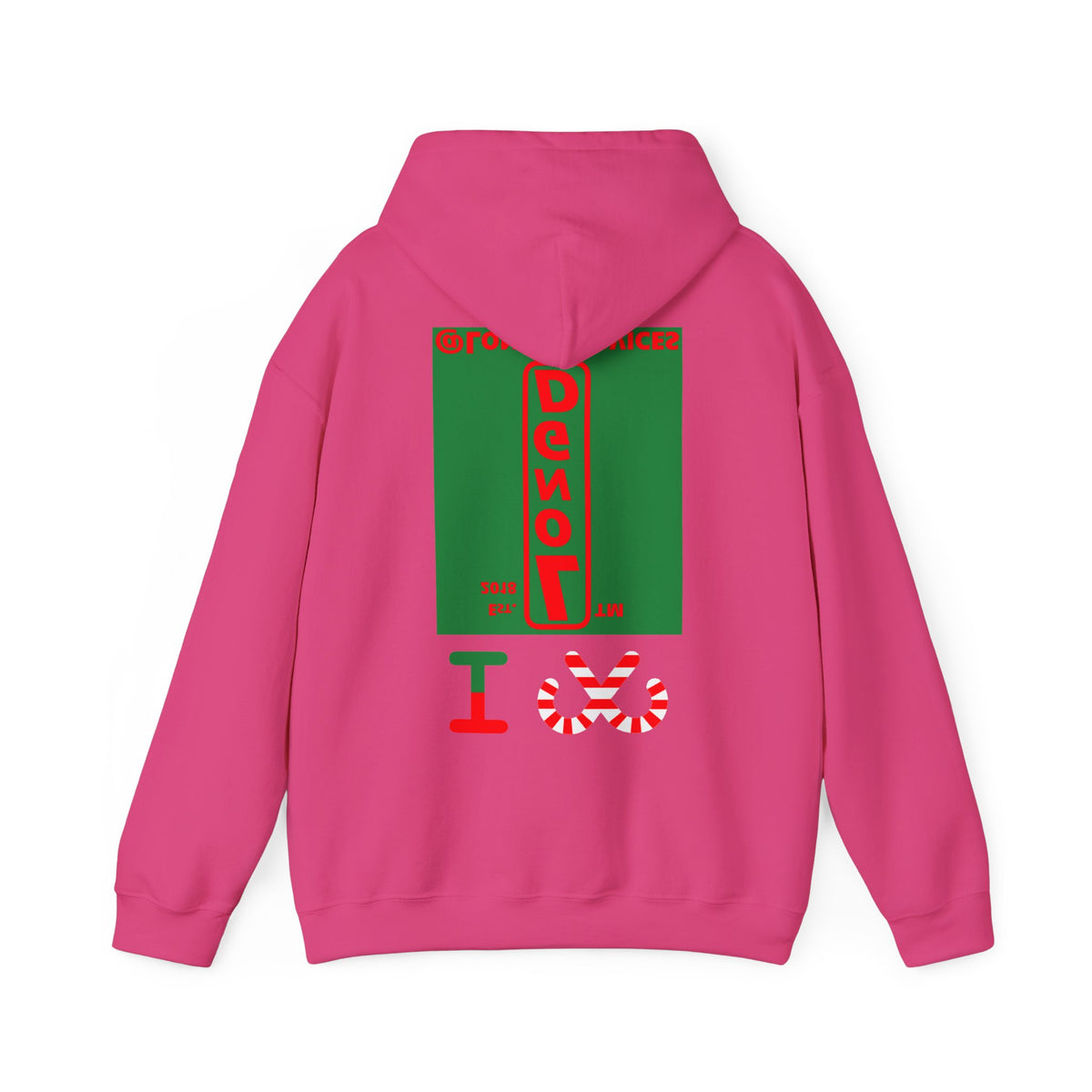 I candy cane LongD Tag upright front-back logo positive red on negative green hoodie