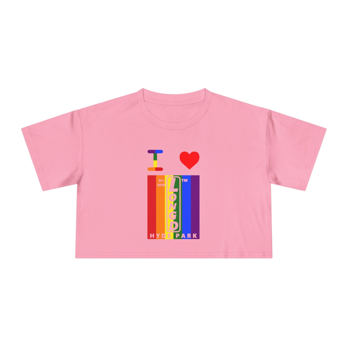 I Luv LongD Mixed horizontal 6-striped upright front-back Hyde Park logo crop tee (Pride colors)
