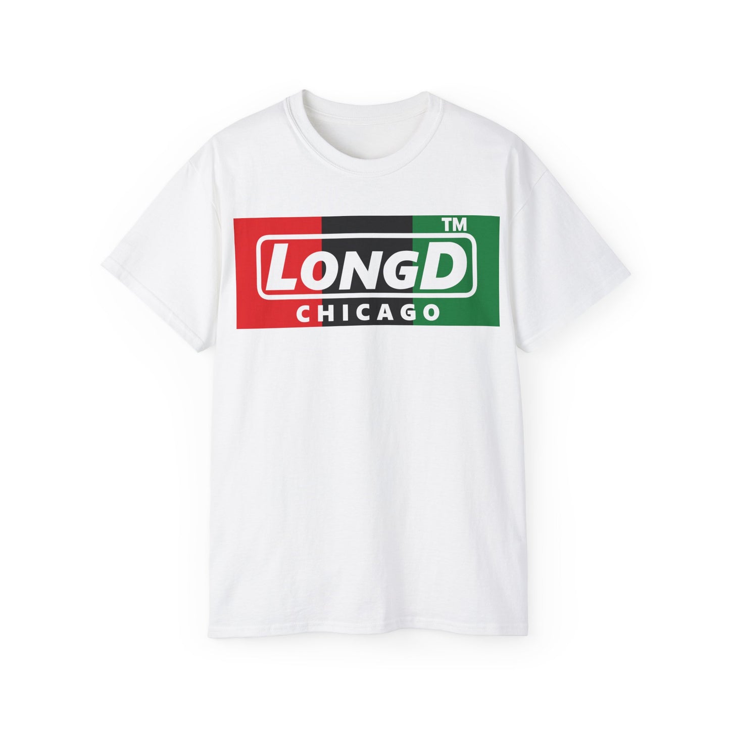 LongD negative vertical 3-striped Chicago logo cotton tee (Juneteenth colors)
