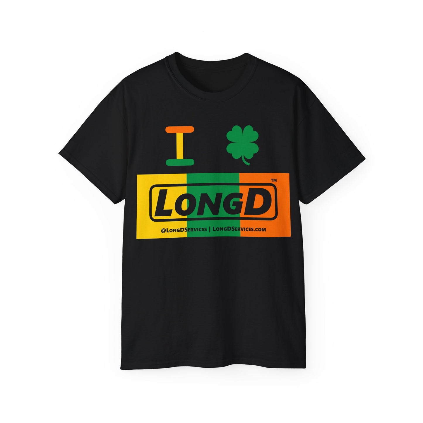 I Clover LongD® Logo Cotton Tee (St. Patrick's Day -Irish Green, Golden Yellow and Irish Orange negative thirds with 4-leaf clover)
