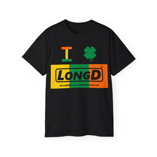 I Clover LongD® Logo Cotton Tee (St. Patrick's Day -Irish Green, Golden Yellow and Irish Orange negative thirds with 4-leaf clover)