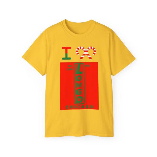 I candy cane LongD Chicago upright logo positive green on negative red cotton tee