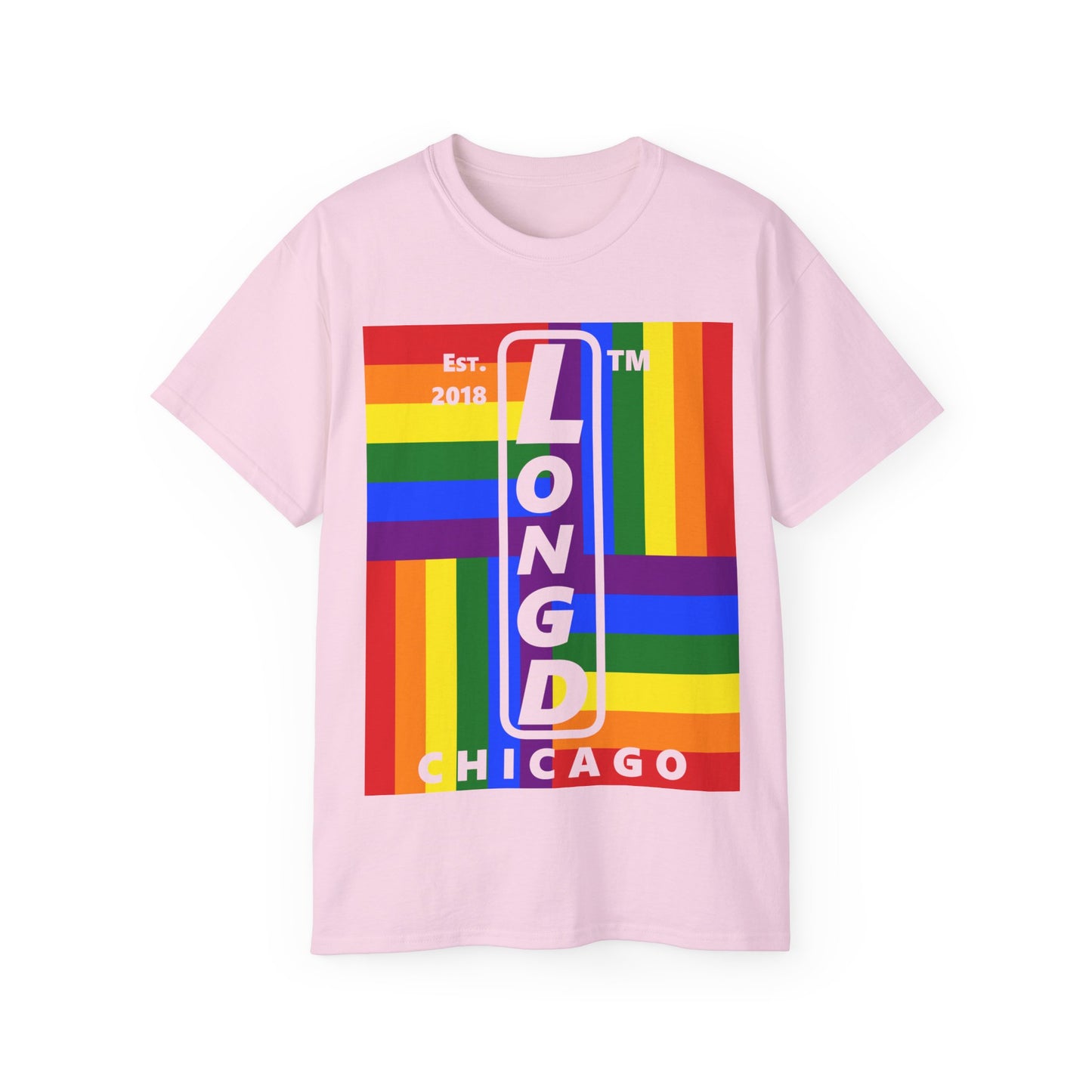LongD Cotton Tee negative windmill Chicago upright logo (Pride colors)