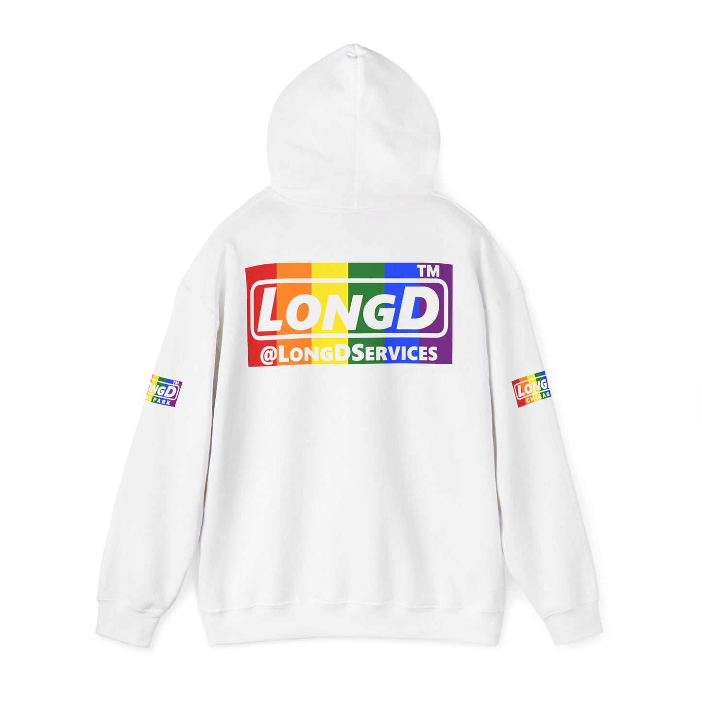 I Luv LongD® negative vertical striped 4-print Chicago logo hoodie (Pride colors)
