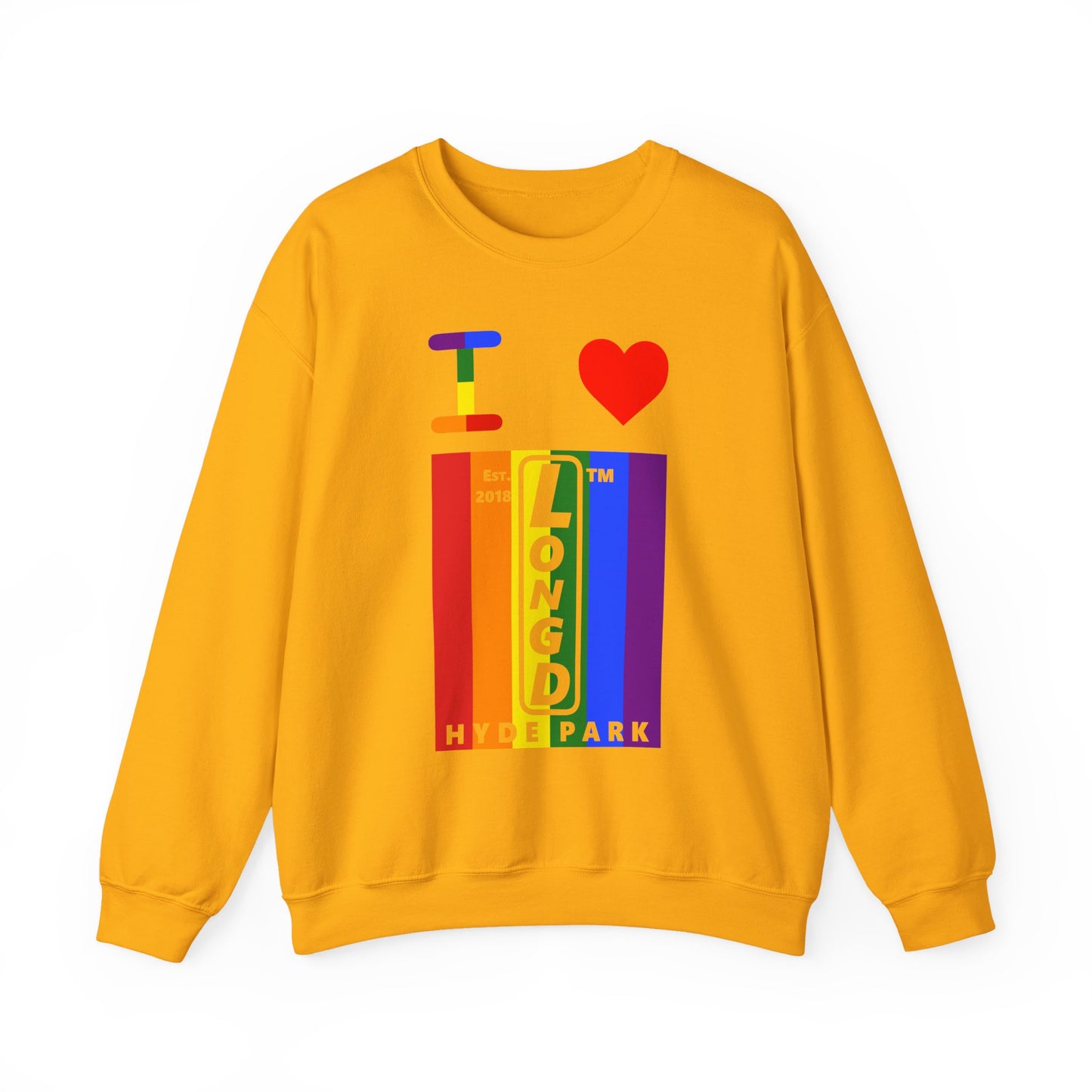 I Luv LongD negative vertical 6-striped Hyde Park upright logo crewneck sweatshirt