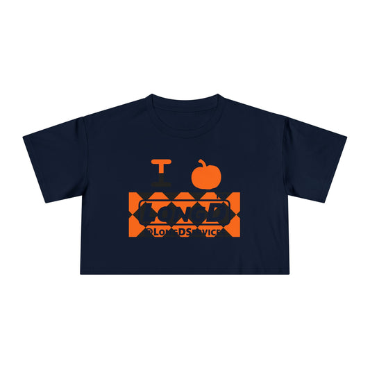 I pumpkin LongD Tag negative argyle logo crop tee