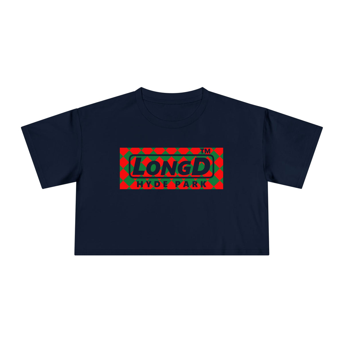 LongD Hyde Park negative argyle logo (Xmas colors) crop tee