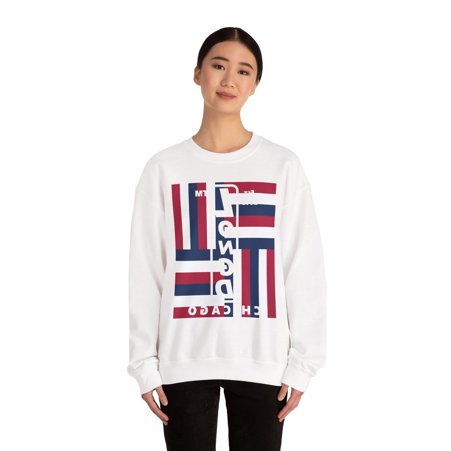 LongD negative rotated windmill Chicago front-back upright logo crewneck sweatshirt (patriotic colors)