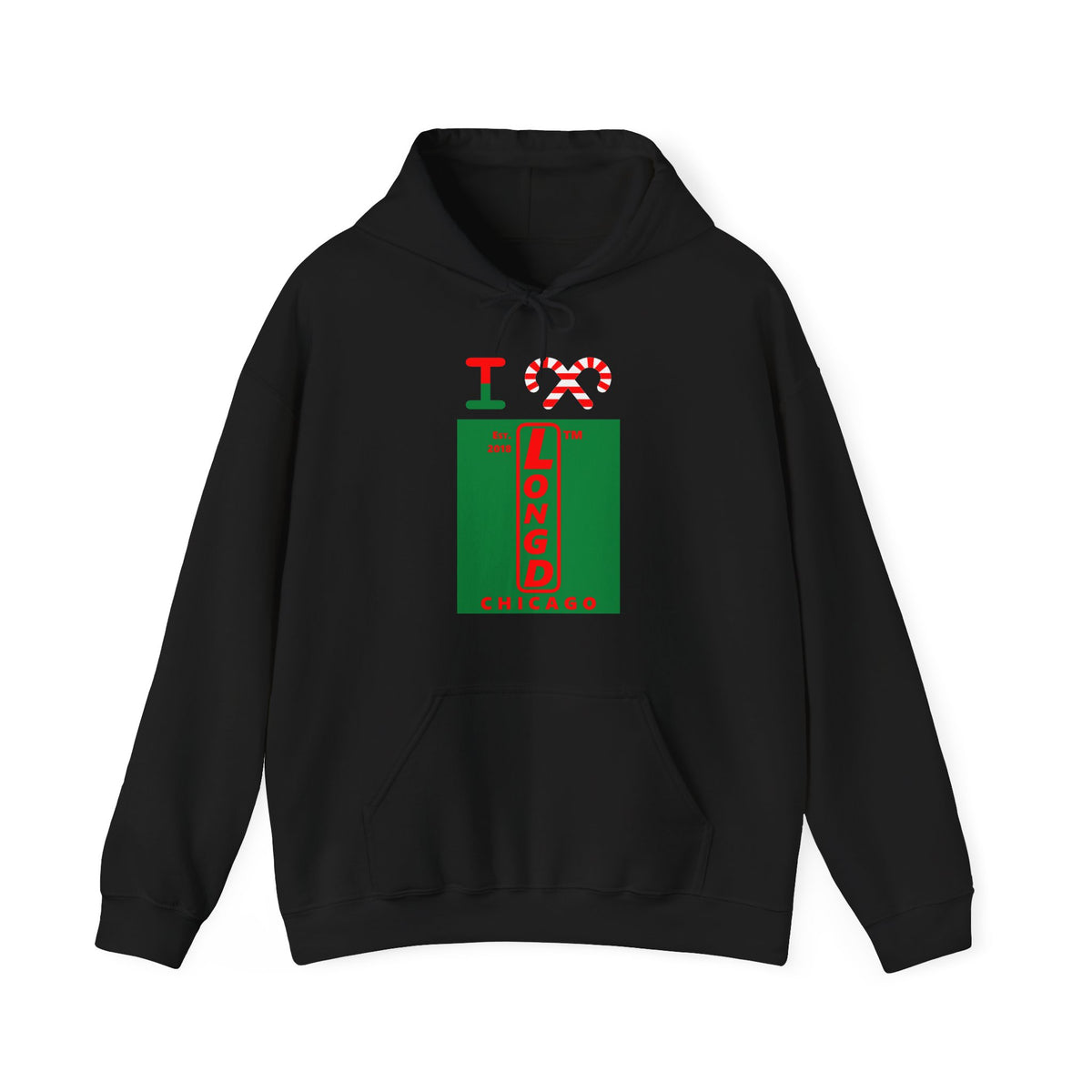 I candy cane LongD Chicago upright front-back logo positive red on negative green hoodie