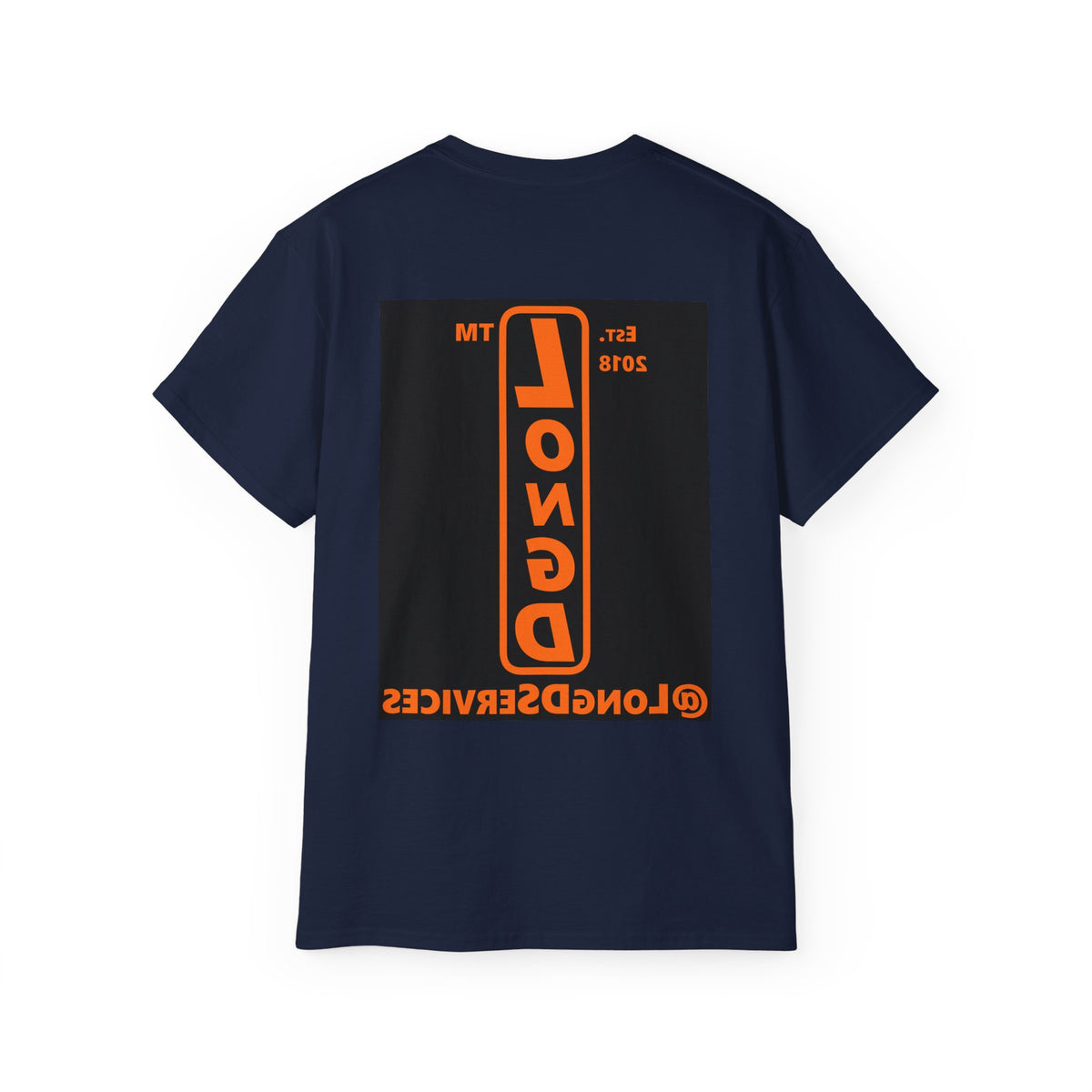 LongD Tag upright front-back logo orange (FE7518) on Black (000000) cotton tee