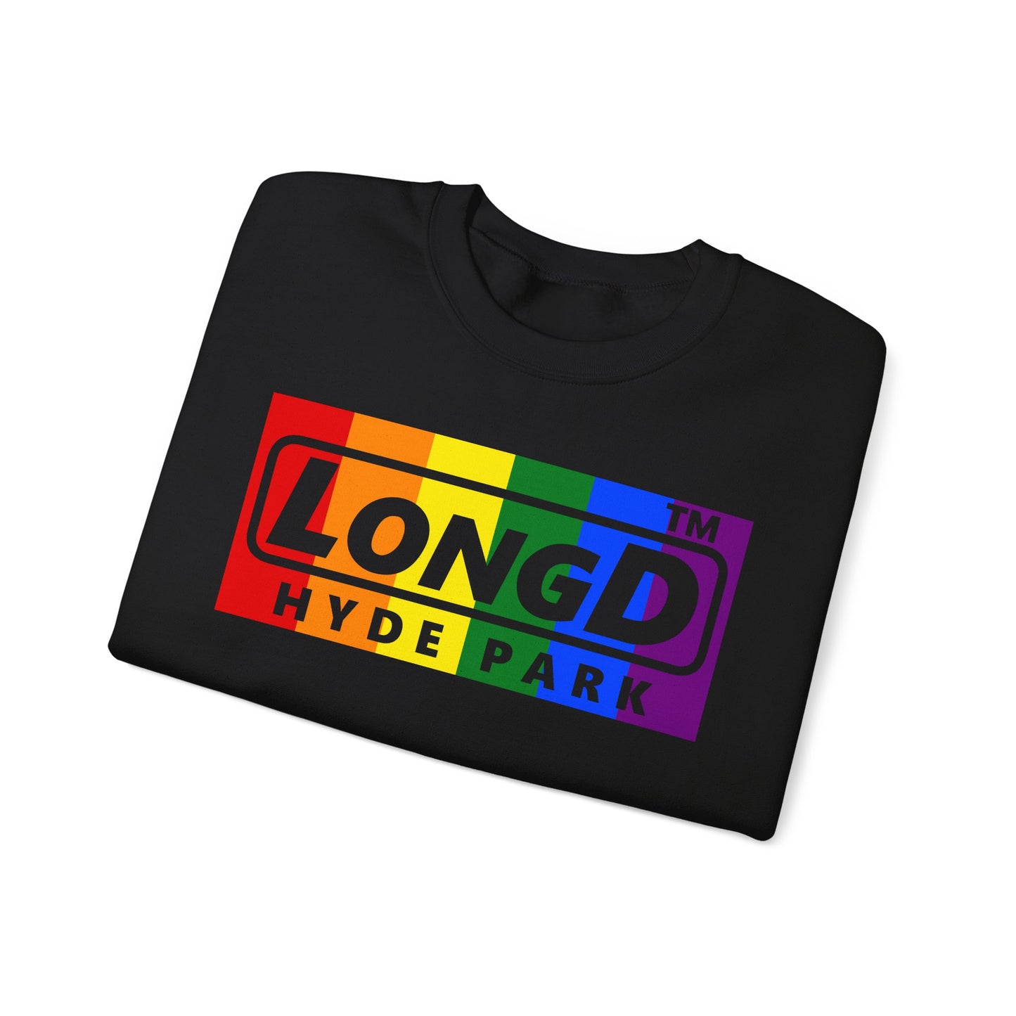 LongD negative vertical striped Hyde Park logo crewneck sweatshirt (Pride colors)