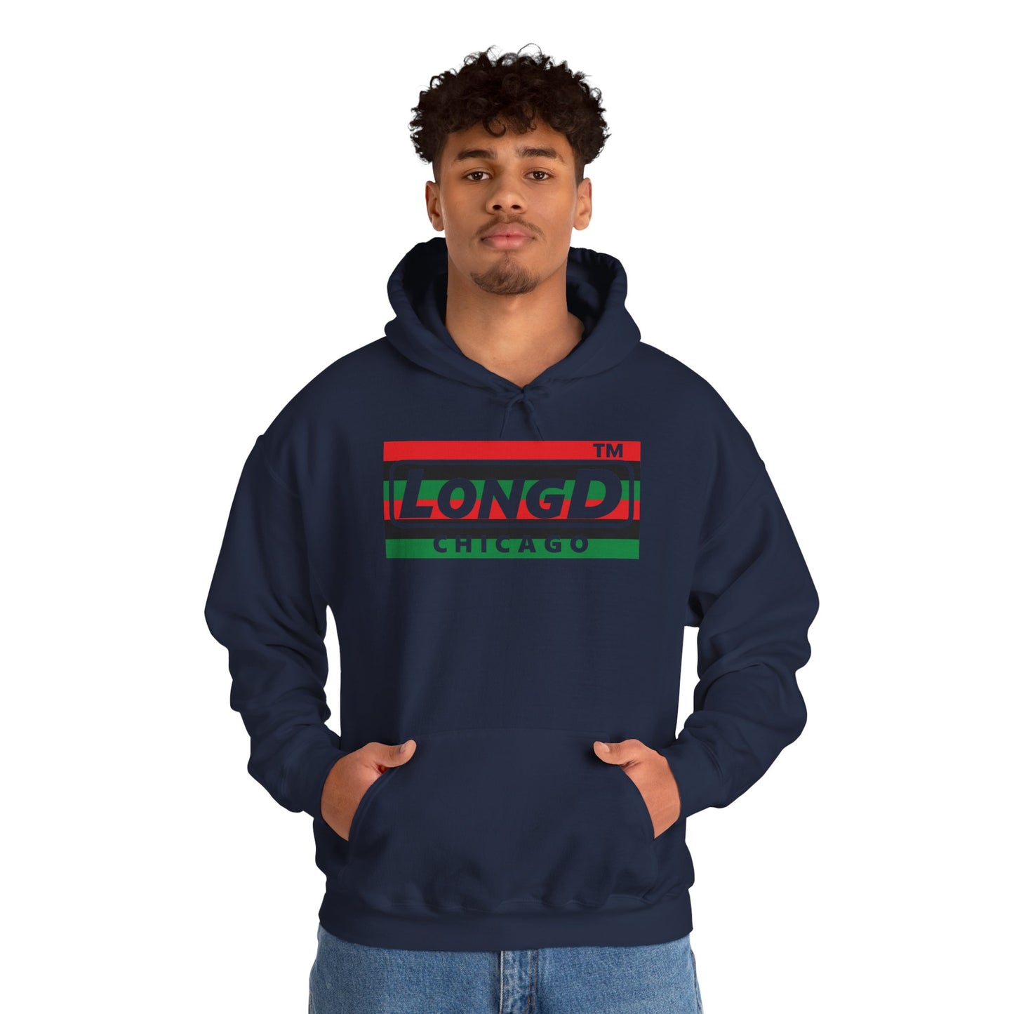 LongD® negative horizontal 6-striped Chicago logo Hoodie (Juneteenth colors)