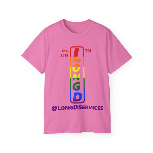LongD Cotton Tee positive horizontal striped tag upright logo (Pride colors)