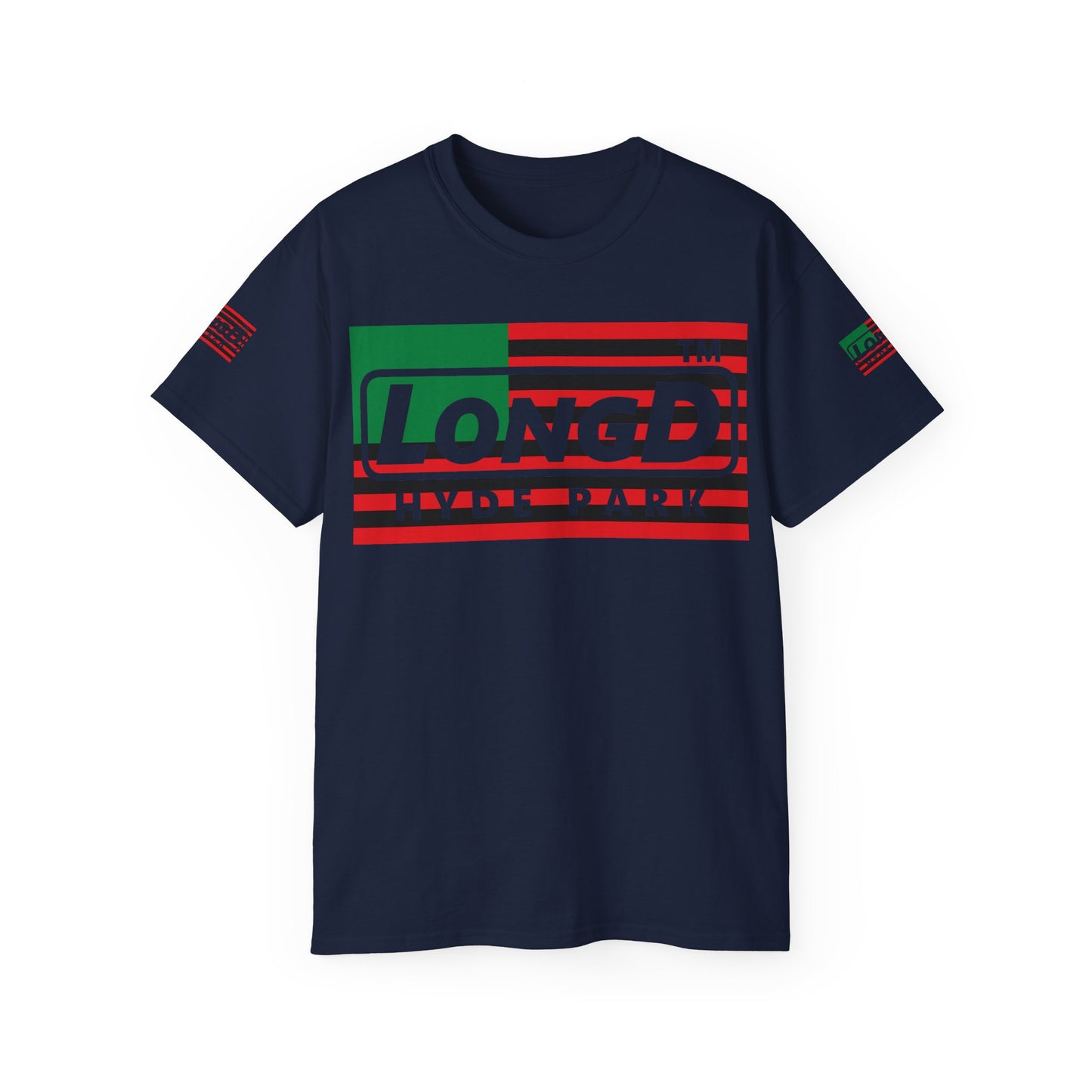 LongD negative flag Hyde Park logo 4-print cotton tee (Juneteenth colors)