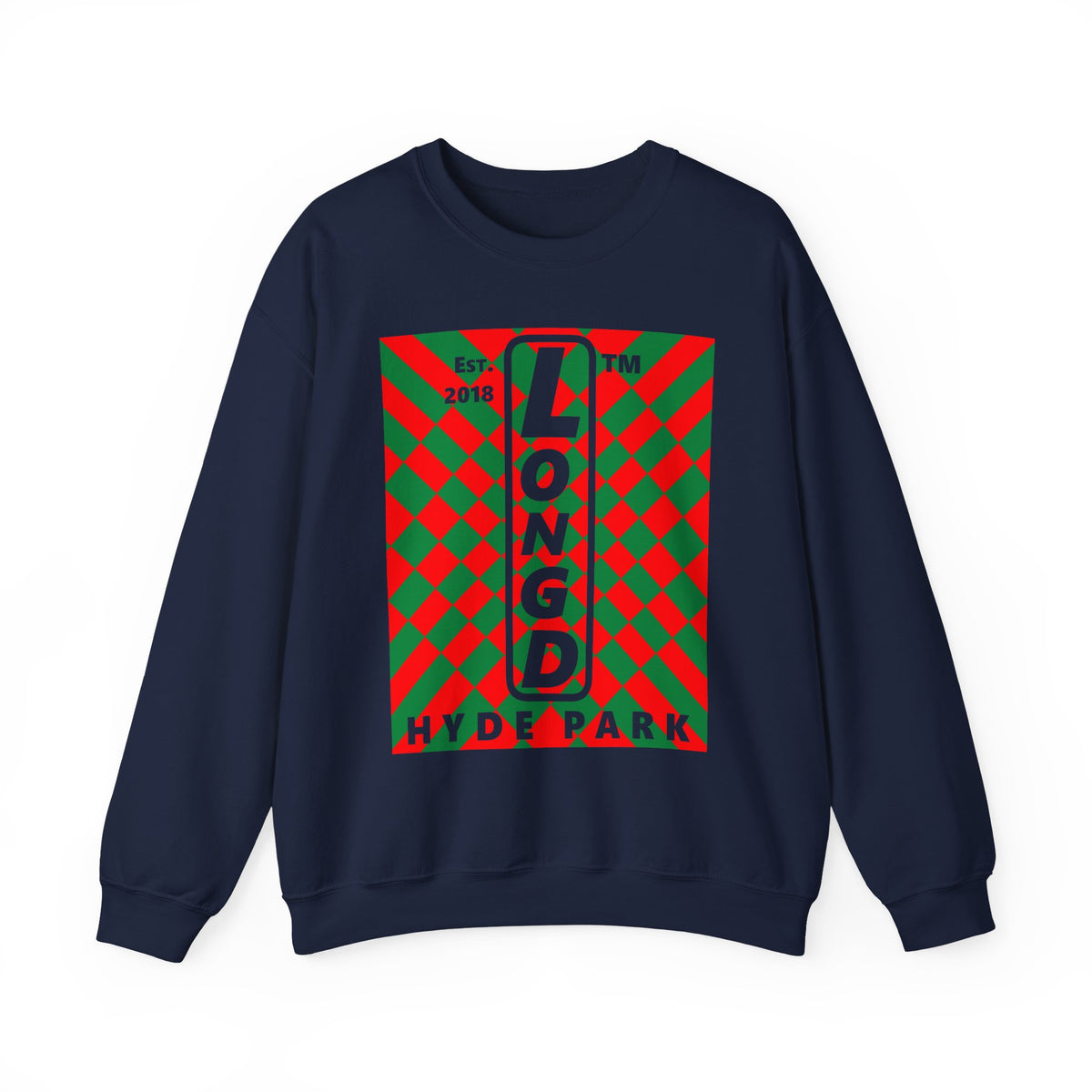 LongD Hyde Park negative upright stylized argyle logo (Xmas colors) crewneck sweatshirt