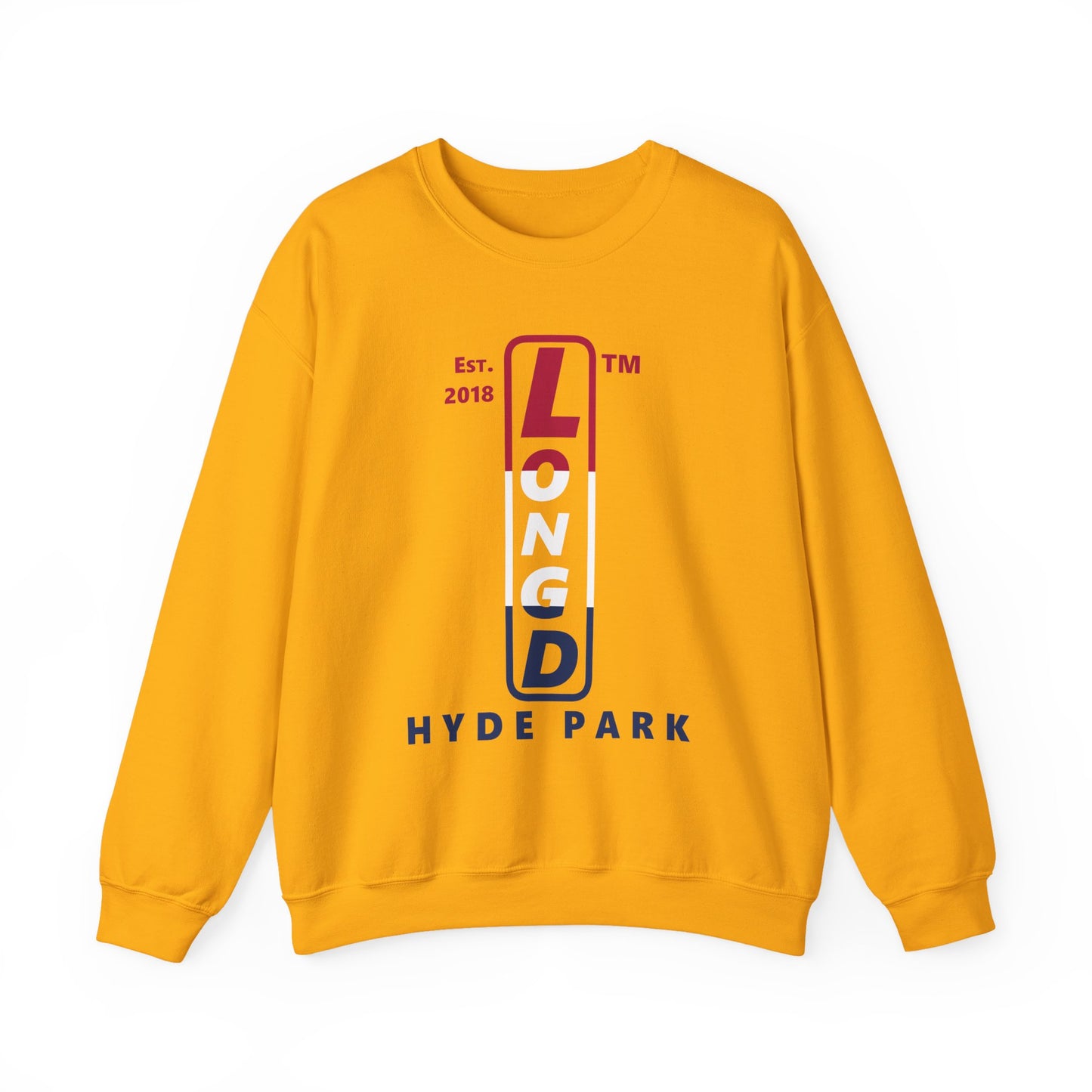 LongD positive horizontal 3-striped Hyde Park upright logo crewneck sweatshirt (patriotic colors)