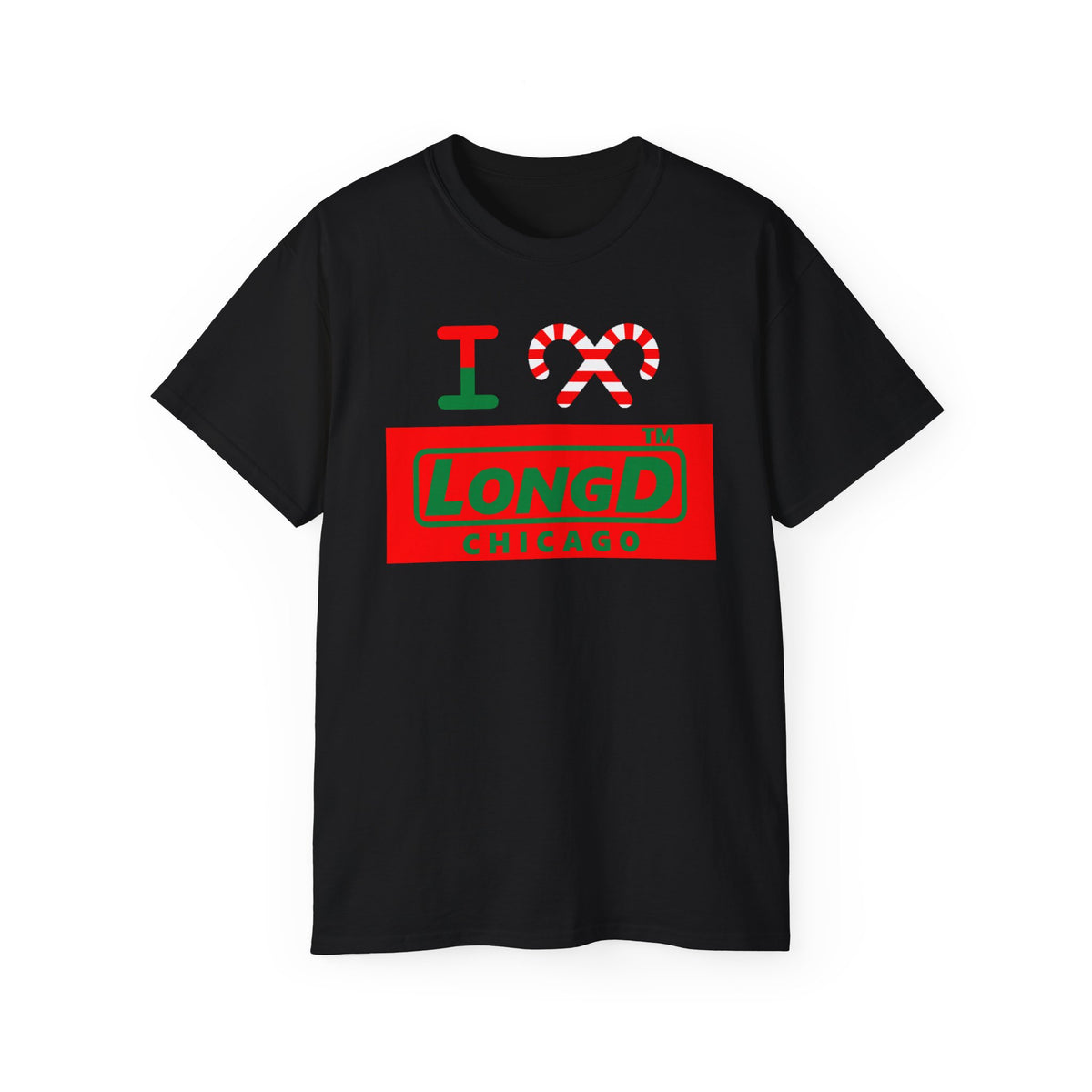 I candy cane LongD Chicago logo positive green on negative red cotton tee