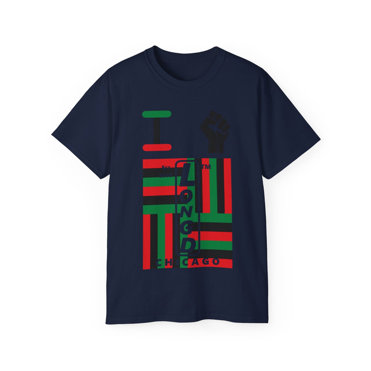I fist LongD Cotton Tee negative windmill Chicago upright logo (Juneteenth colors)
