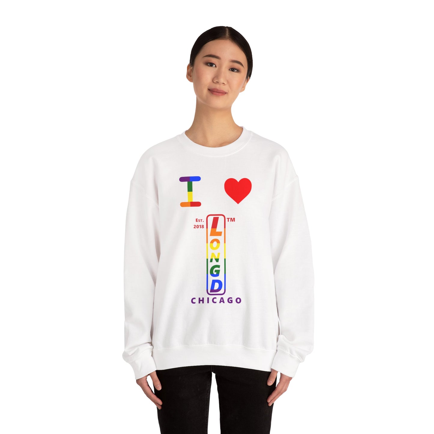 I Luv LongD positive horizontal 6-striped Chicago upright logo crewneck sweatshirt