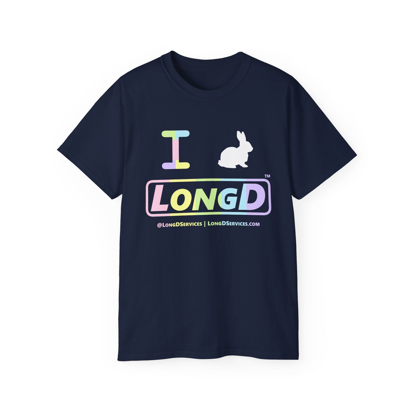I Bunny LongD® Logo Cotton Tee Easter pastel spectrum text (white Easter Bunny)