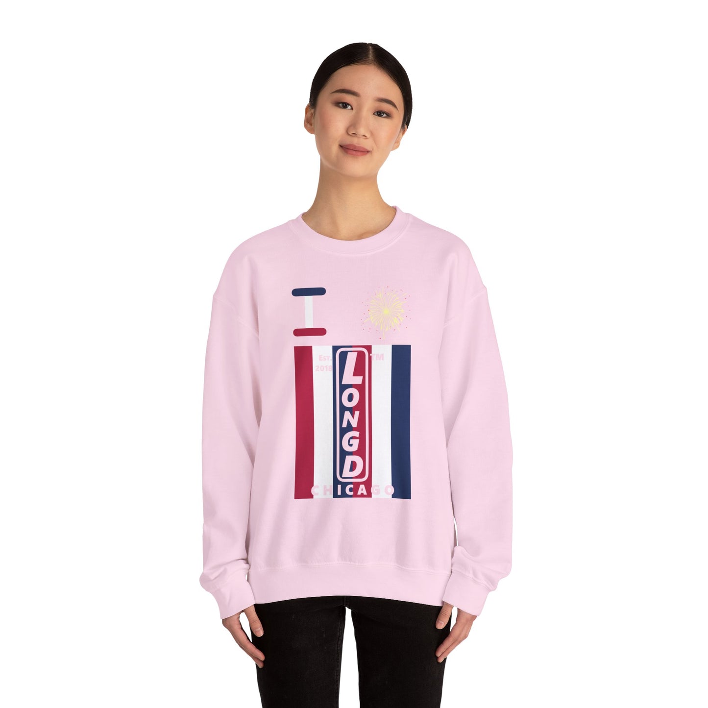 I Burst LongD negative vertical 6-striped Chicago upright logo crewneck sweatshirt