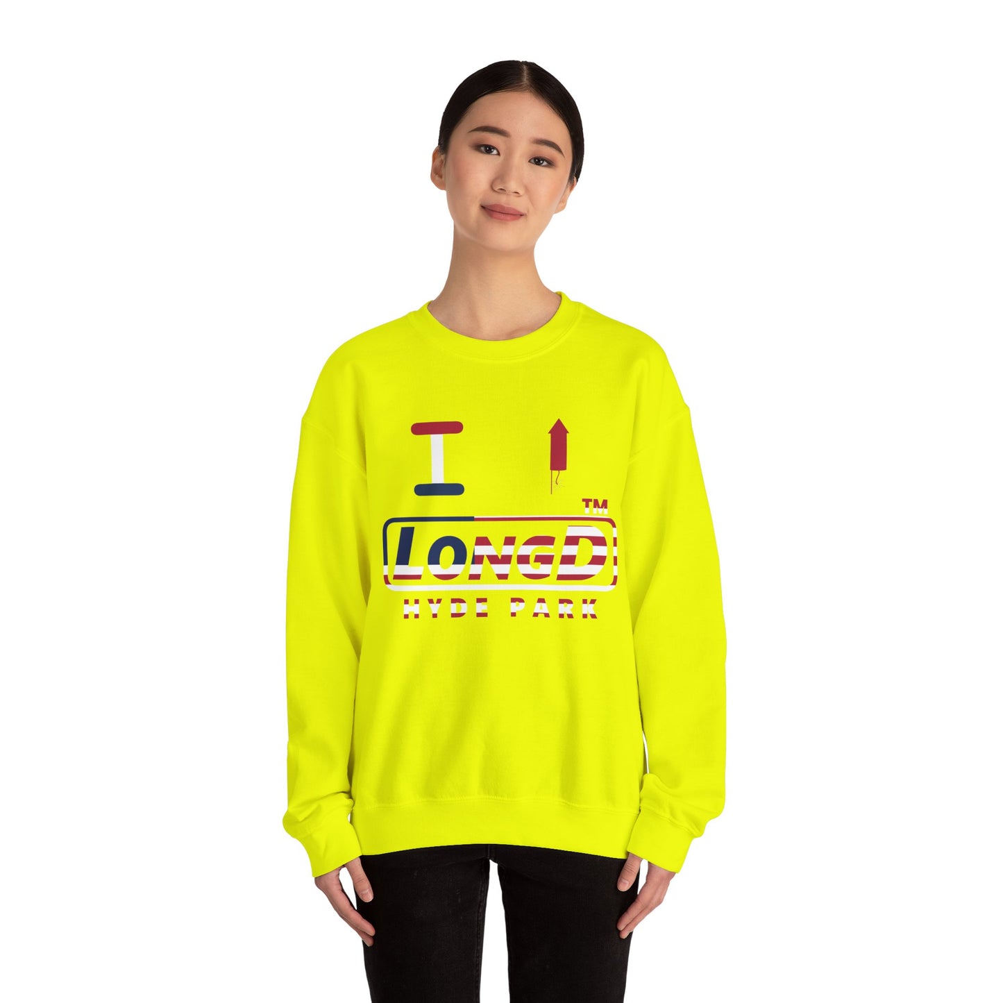 I firecracker LongD positive flag Hyde Park logo crewneck sweatshirt