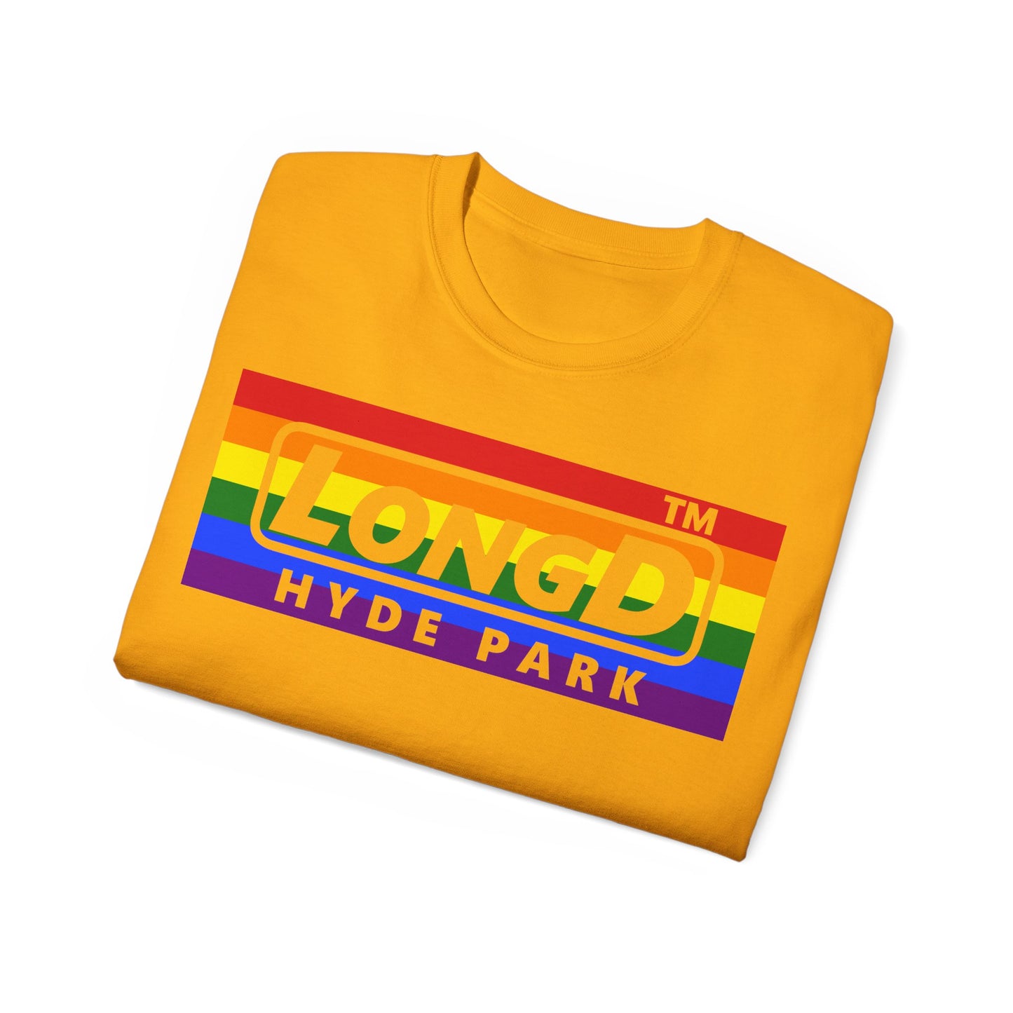 LongD negative horizontal striped Hyde Park logo cotton tee (Pride colors)