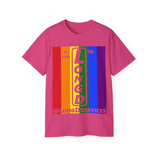 LongD Cotton Tee negative vertical striped tag upright logo (Pride colors)