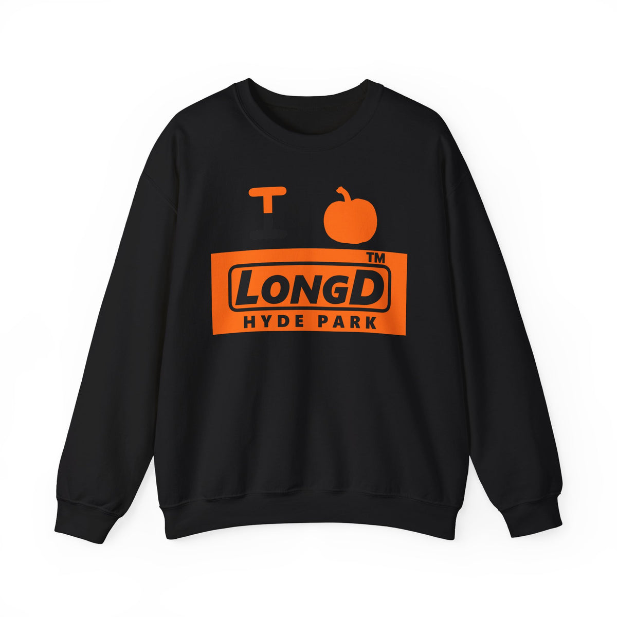 I pumpkin LongD Hyde Park logo positive black on negative orange crewneck sweatshirt