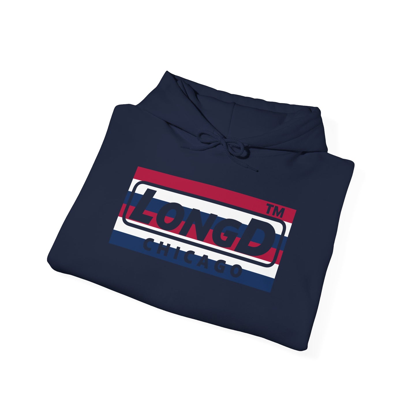 LongD® negative horizontal 6-striped Chicago logo hoodie (patriotic colors)