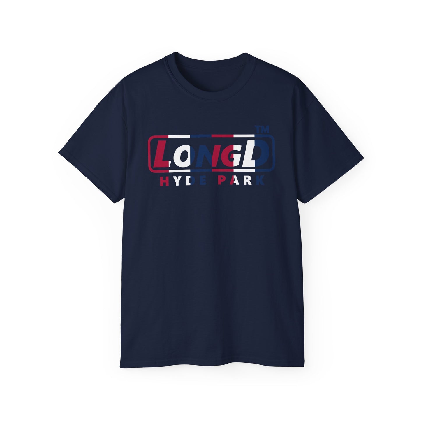 LongD positive vertical 6-striped Hyde Park logo cotton tee (patriotic colors)