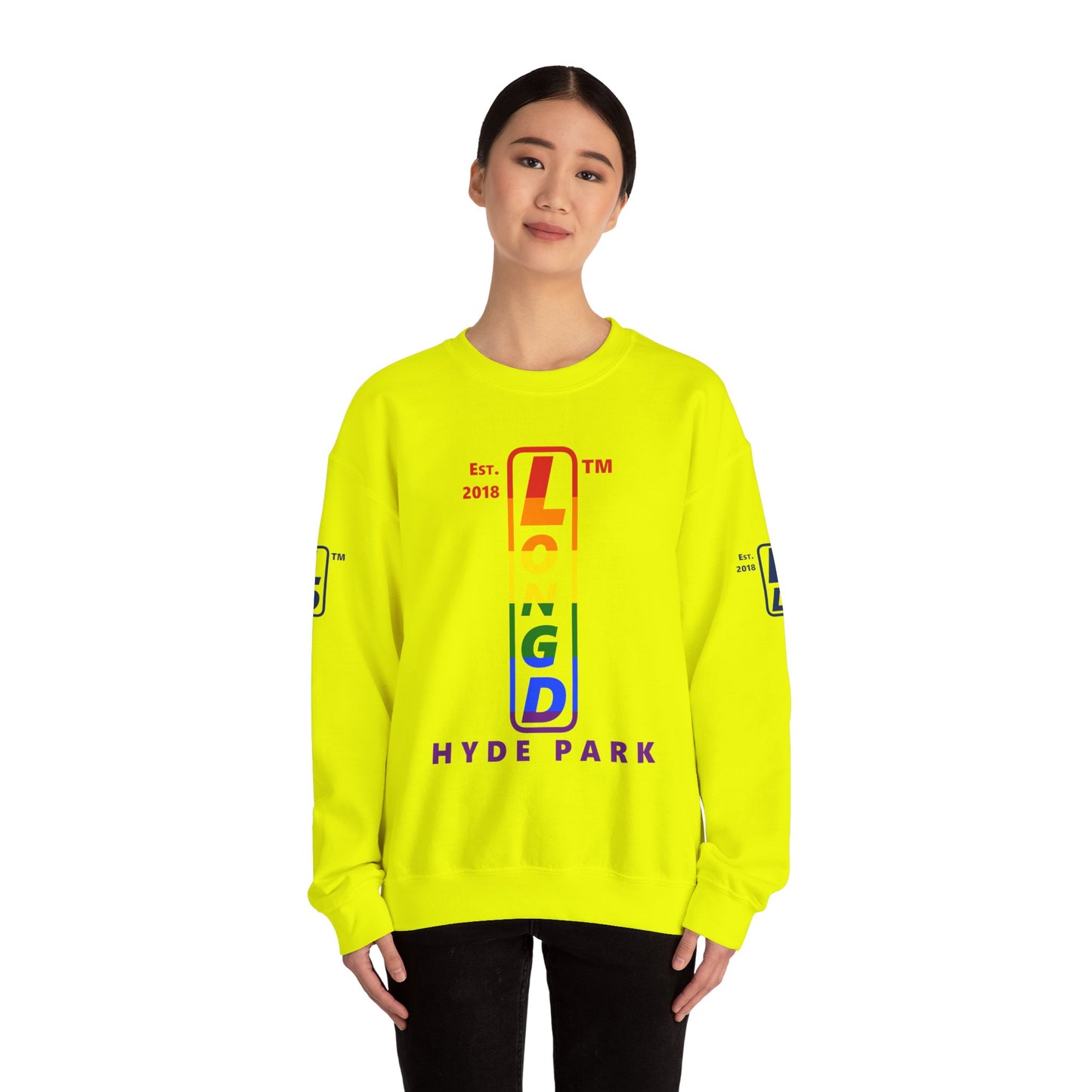 LongD positive horizontal 6-striped Hyde Park 4-print upright logo crewneck sweatshirt (Pride colors)