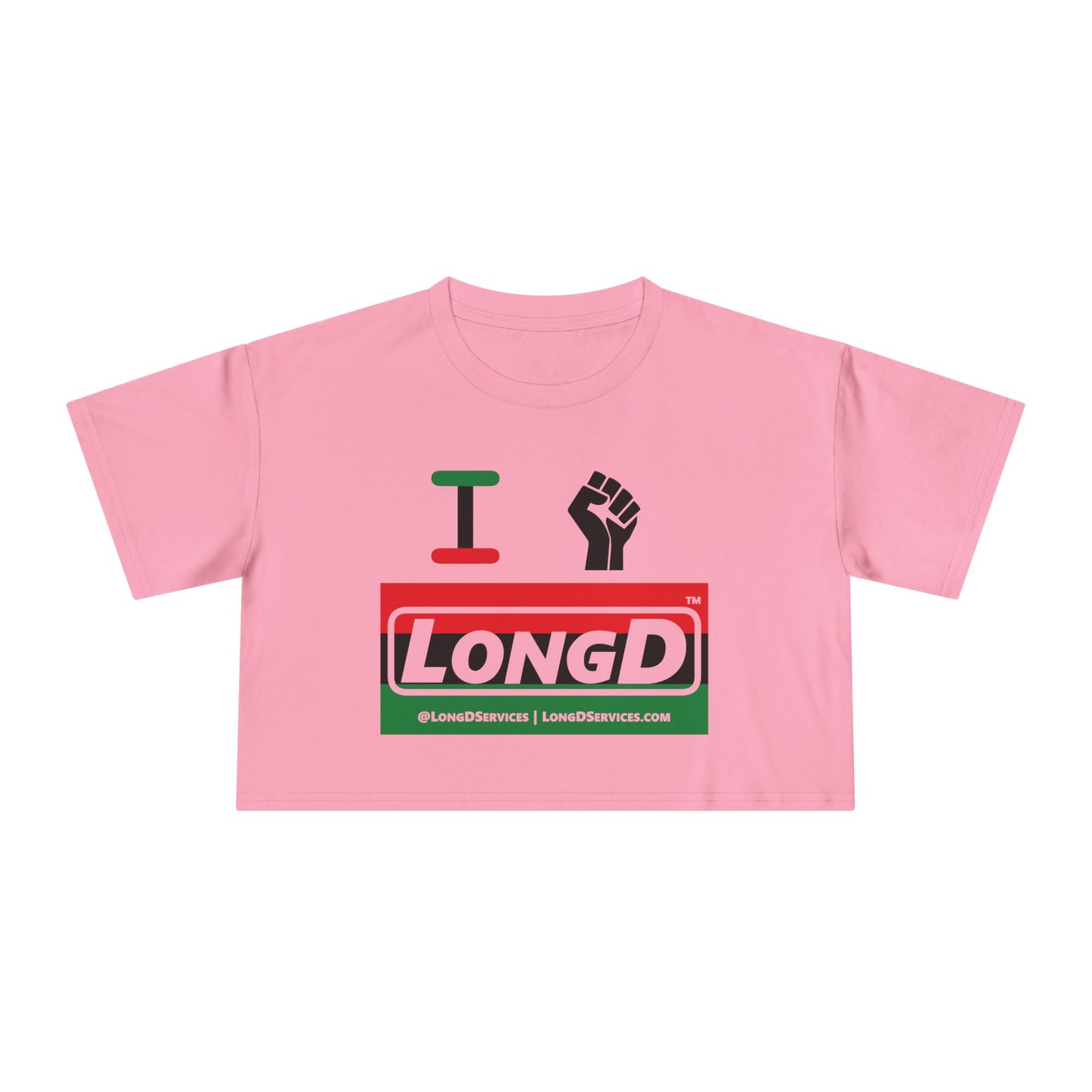 I Fist LongD Logo Women's Crop Tee (Black fist and Juneteenth striped negative thirds logo)