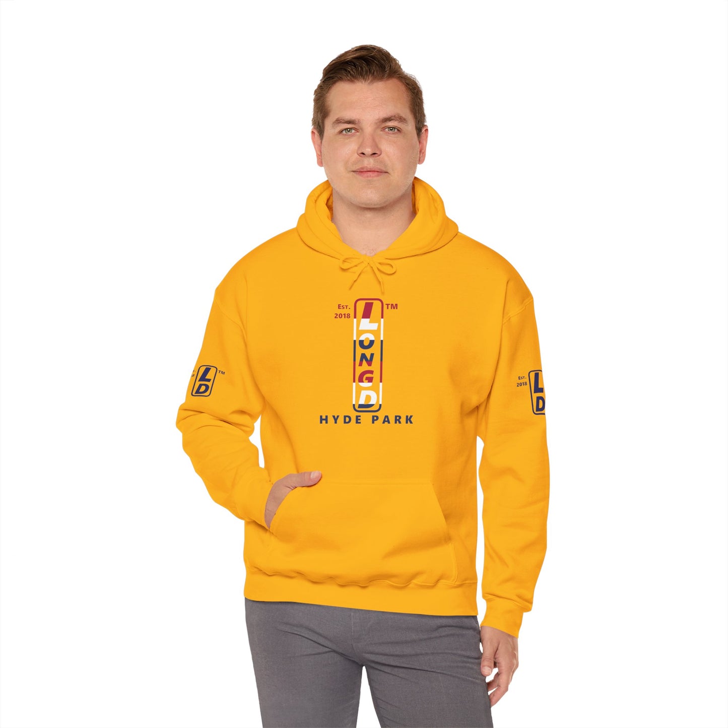 LongD® positive horizontal 6-striped Hyde Park 4-print upright logo hoodie (patriotic colors)