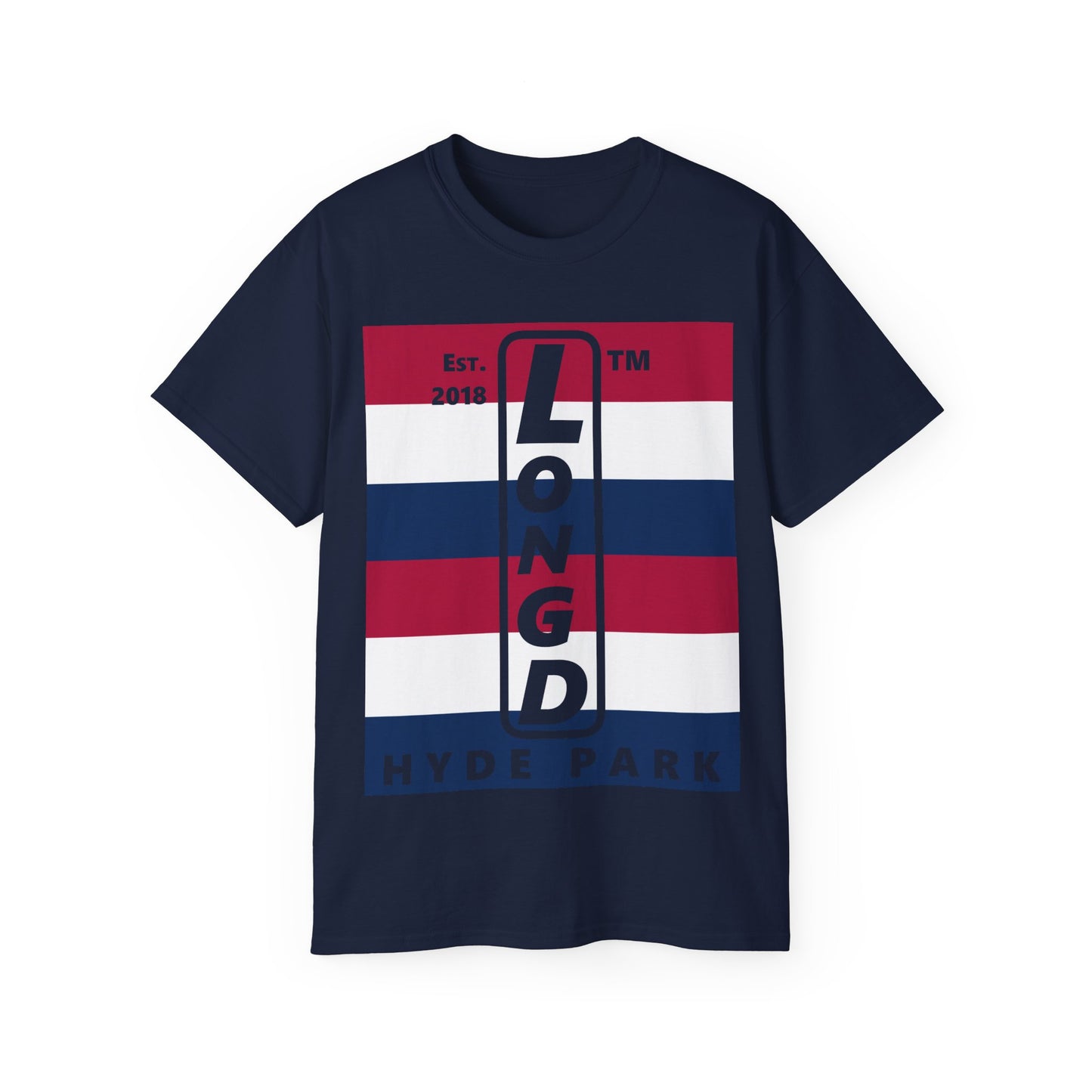 LongD cotton tee negative horizontal 6-striped Hyde Park upright logo (Patriotic colors)