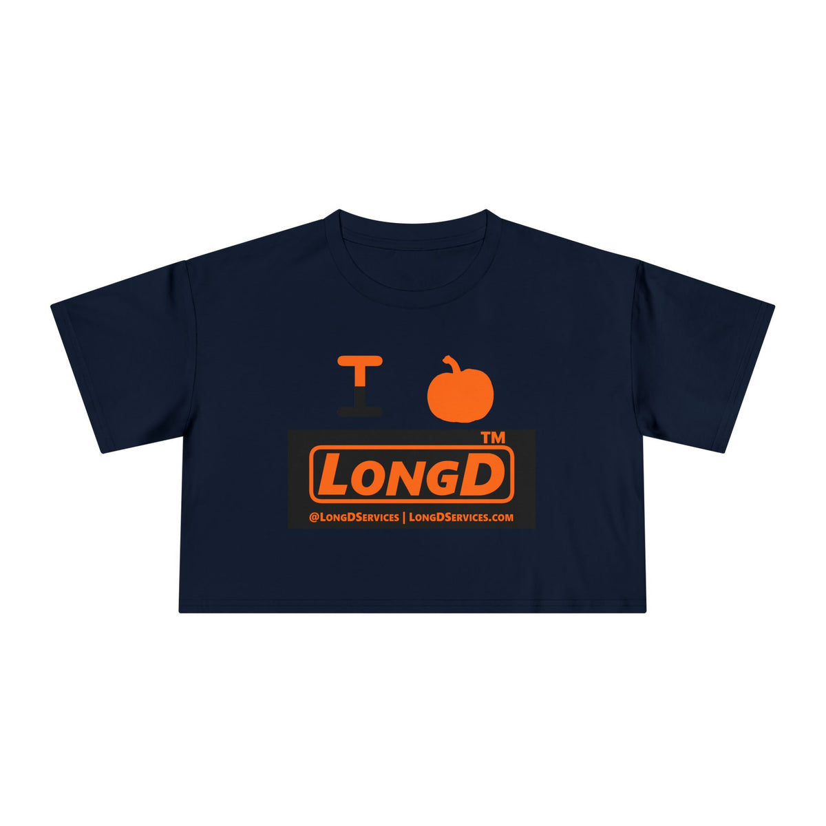 I pumpkin LongD Tag-domain logo positive orange on negative black crop tee