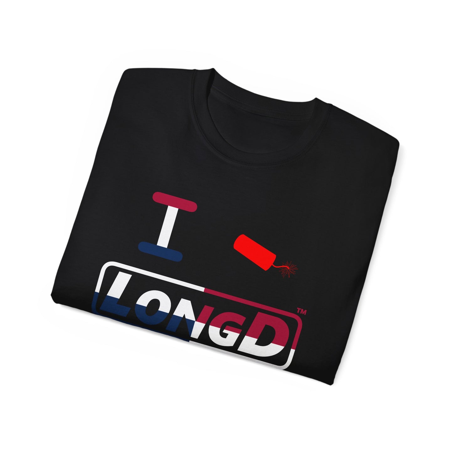 I Firecracker LongD® Logo Cotton Tee Red, White and Blue positive quarters text