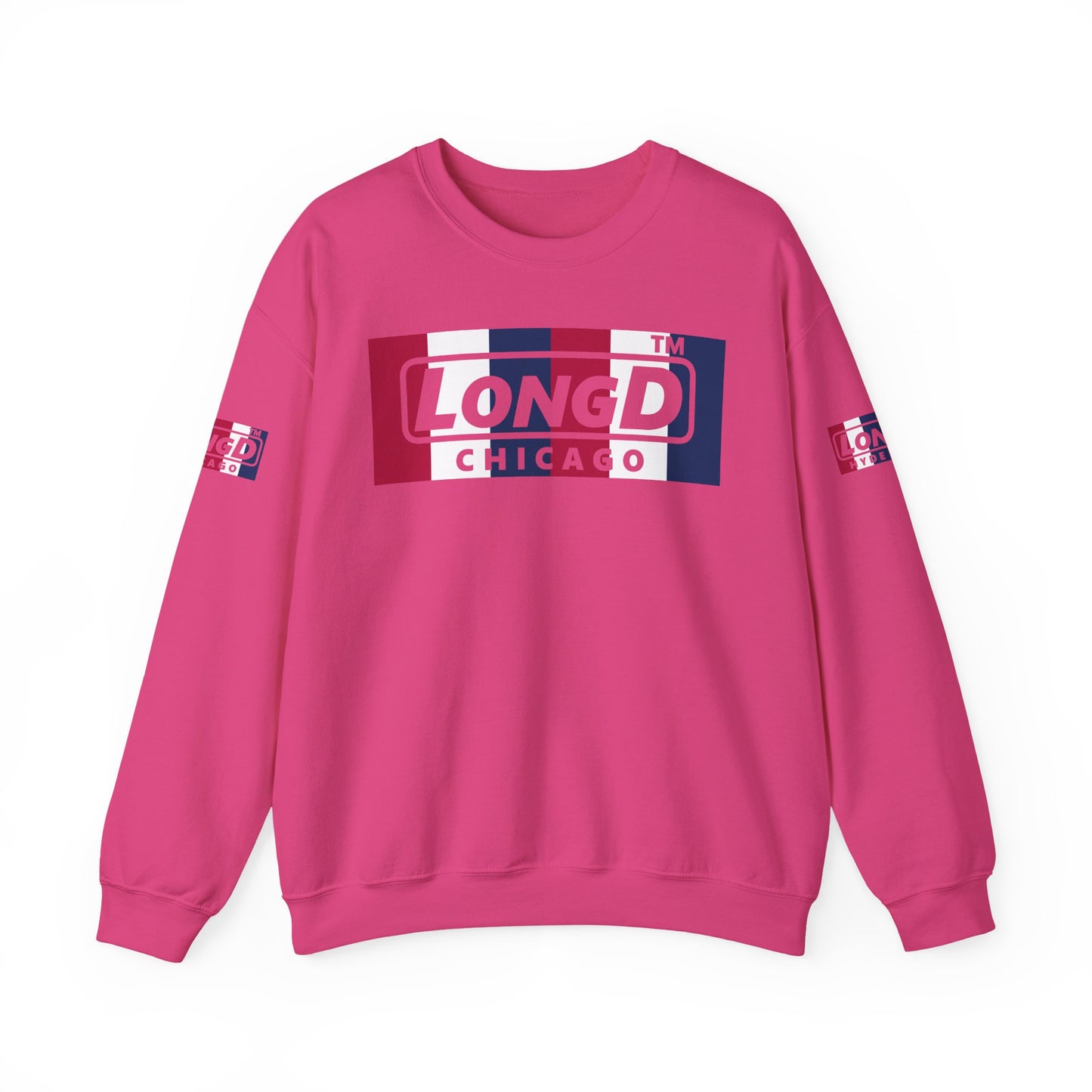 LongD negative vertical 6-striped 4-print double-breasted Chicago logo crewneck sweatshirt (patriotic colors)