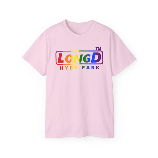 LongD positive vertical striped Hyde Park logo cotton tee (Pride colors)