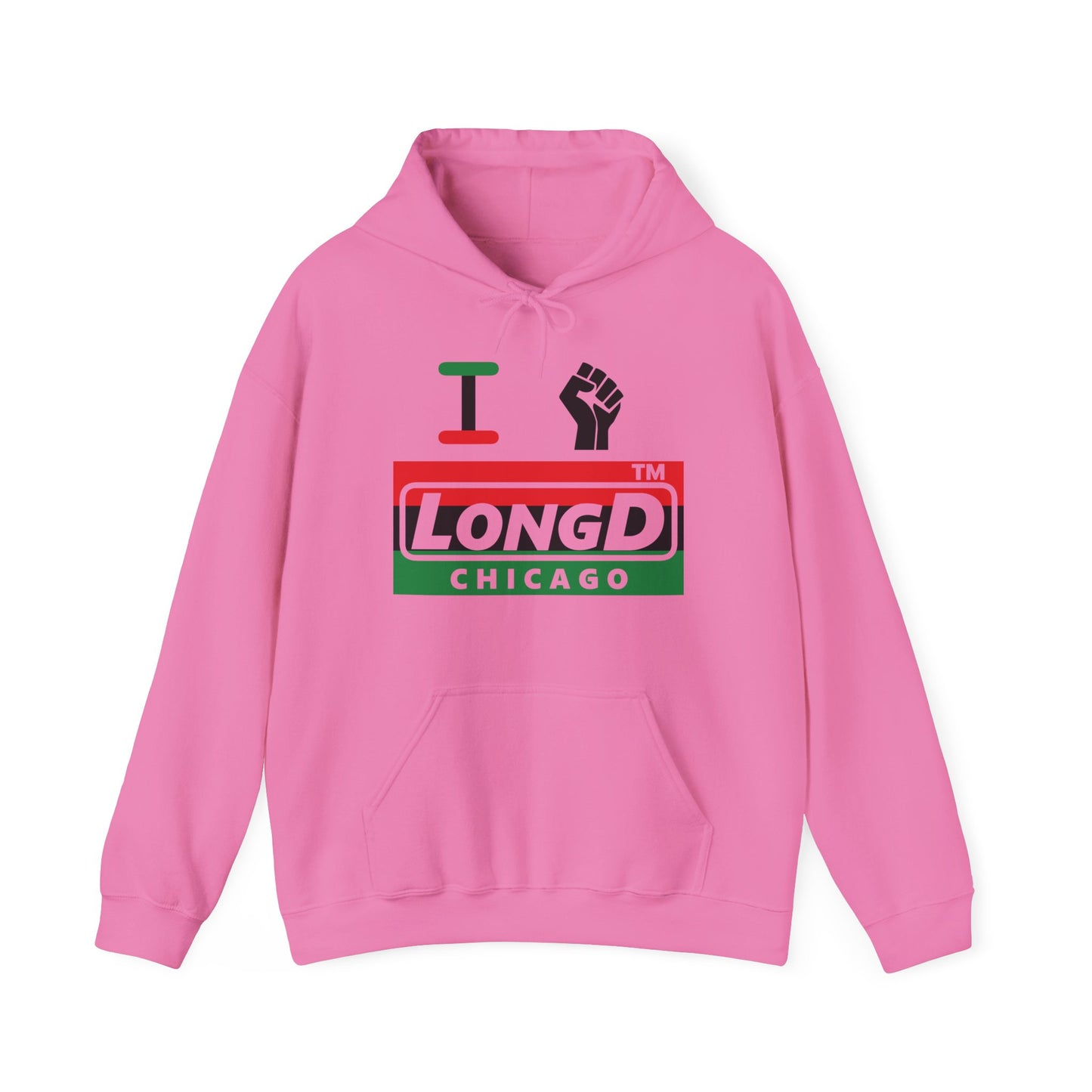 I fist LongD® negative horizontal 3-striped Chicago logo Hoodie (Juneteenth colors)