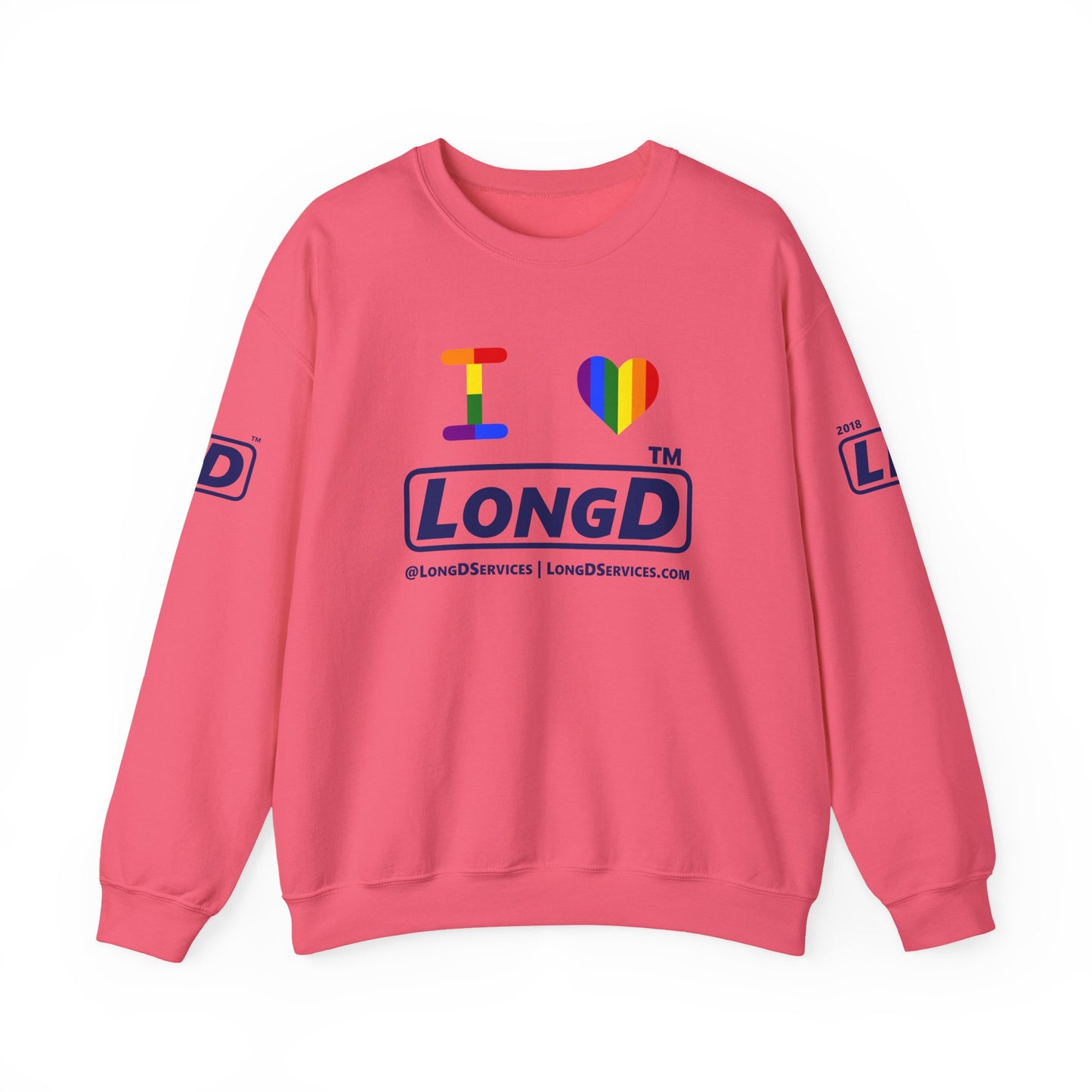 I Luv LongD official basic 4-print tag-domain logo crewneck sweatshirt with Pride heart