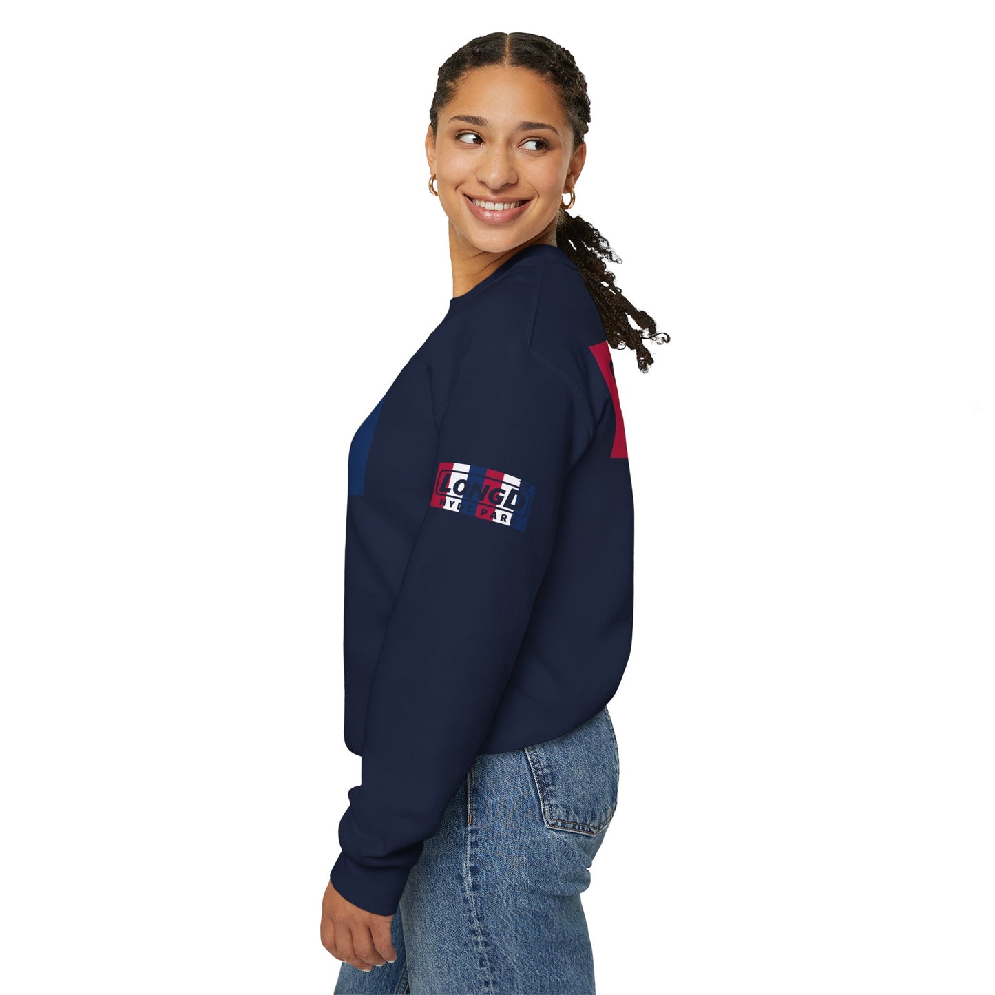 LongD negative vertical 6-striped 4-print double-breasted Chicago logo crewneck sweatshirt (patriotic colors)