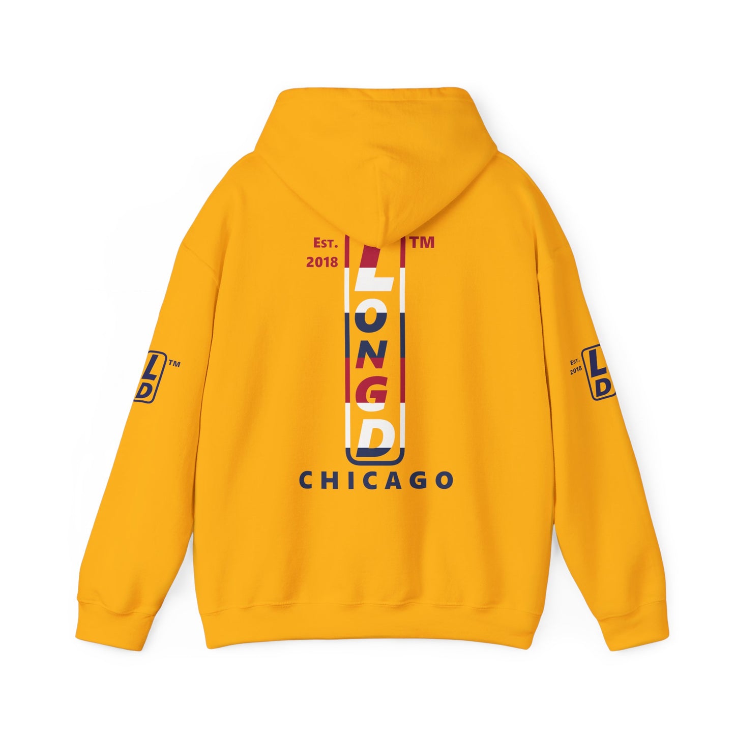 LongD® positive horizontal 6-striped Chicago 4-print upright logo hoodie (patriotic colors)