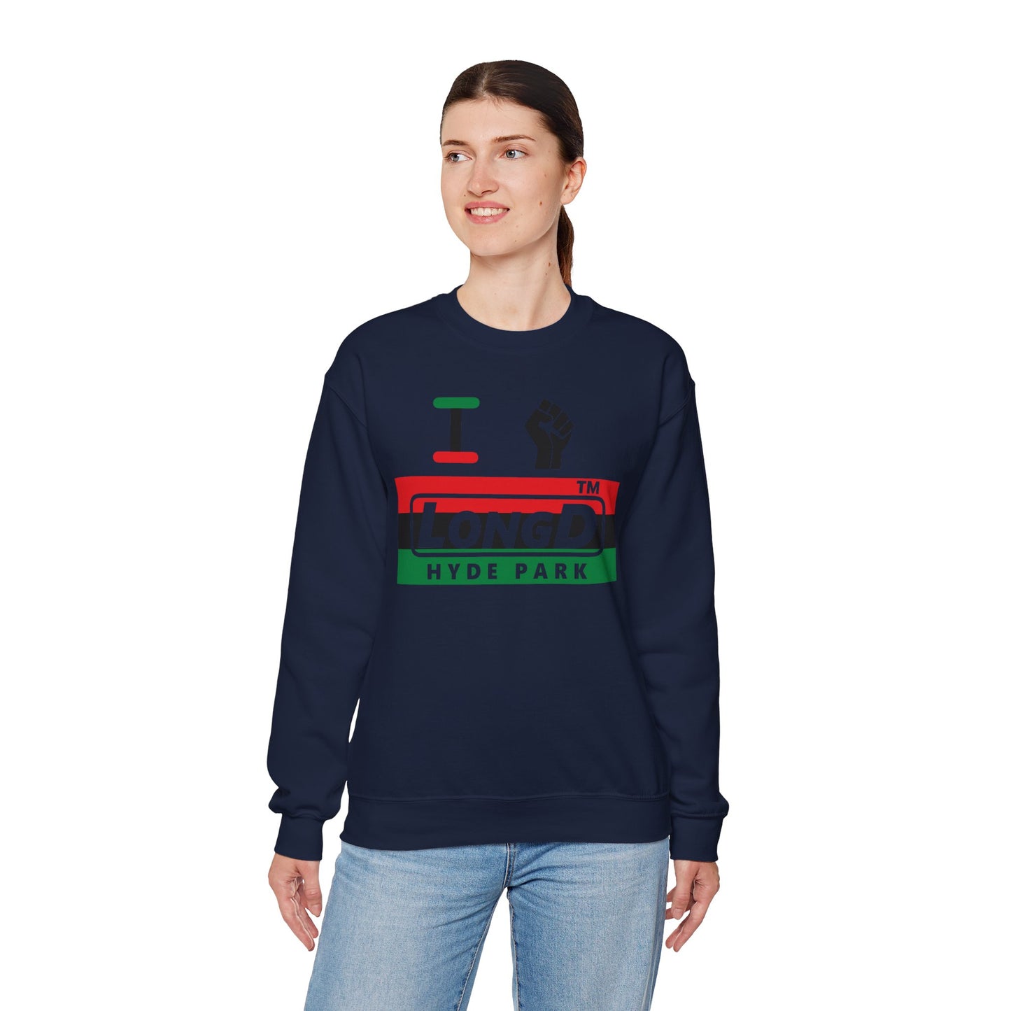 I fist LongD negative horizontal 3-striped Hyde Park logo crewneck sweatshirt