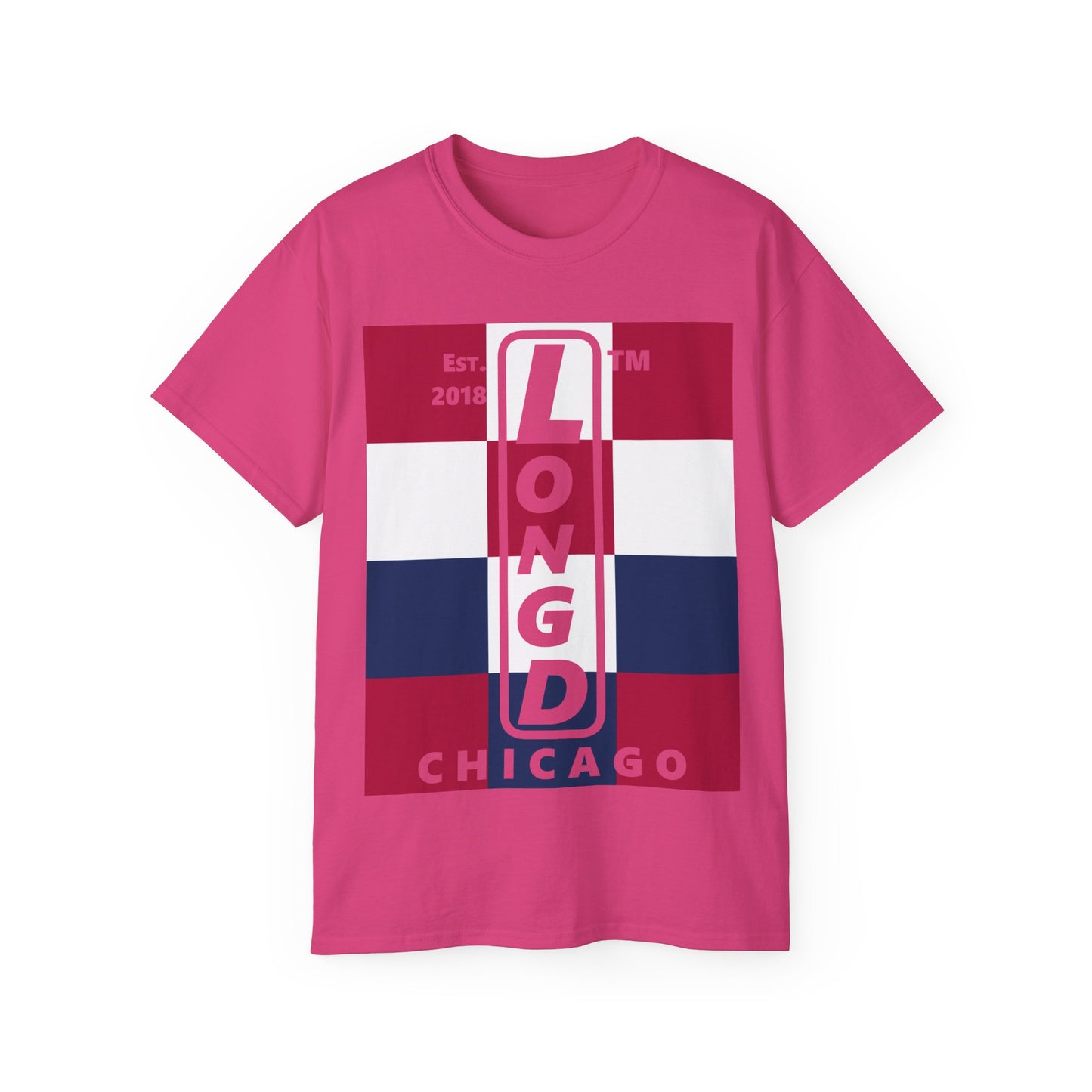 LongD cotton tee negative 4x3 Chicago upright logo (Patriotic colors)