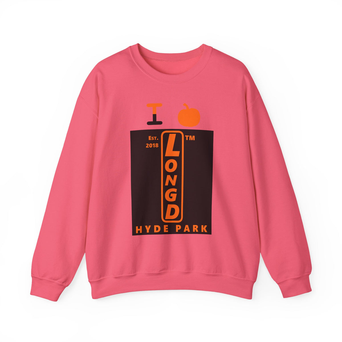 I pumpkin LongD Hyde Park upright logo positive orange on negative black crewneck sweatshirt