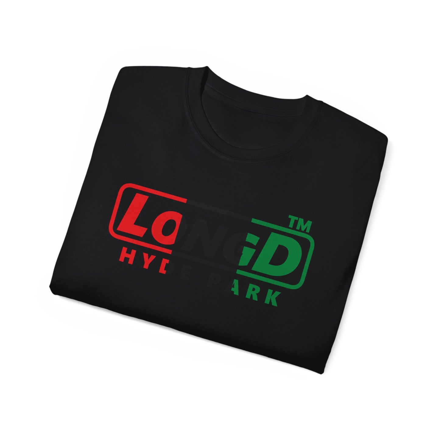 LongD positive vertical 3-striped Hyde Park logo cotton tee (Juneteenth colors)
