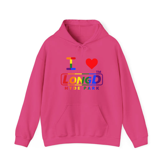 I Luv LongD® positive vertical striped Hyde Park logo hoodie (Pride colors)