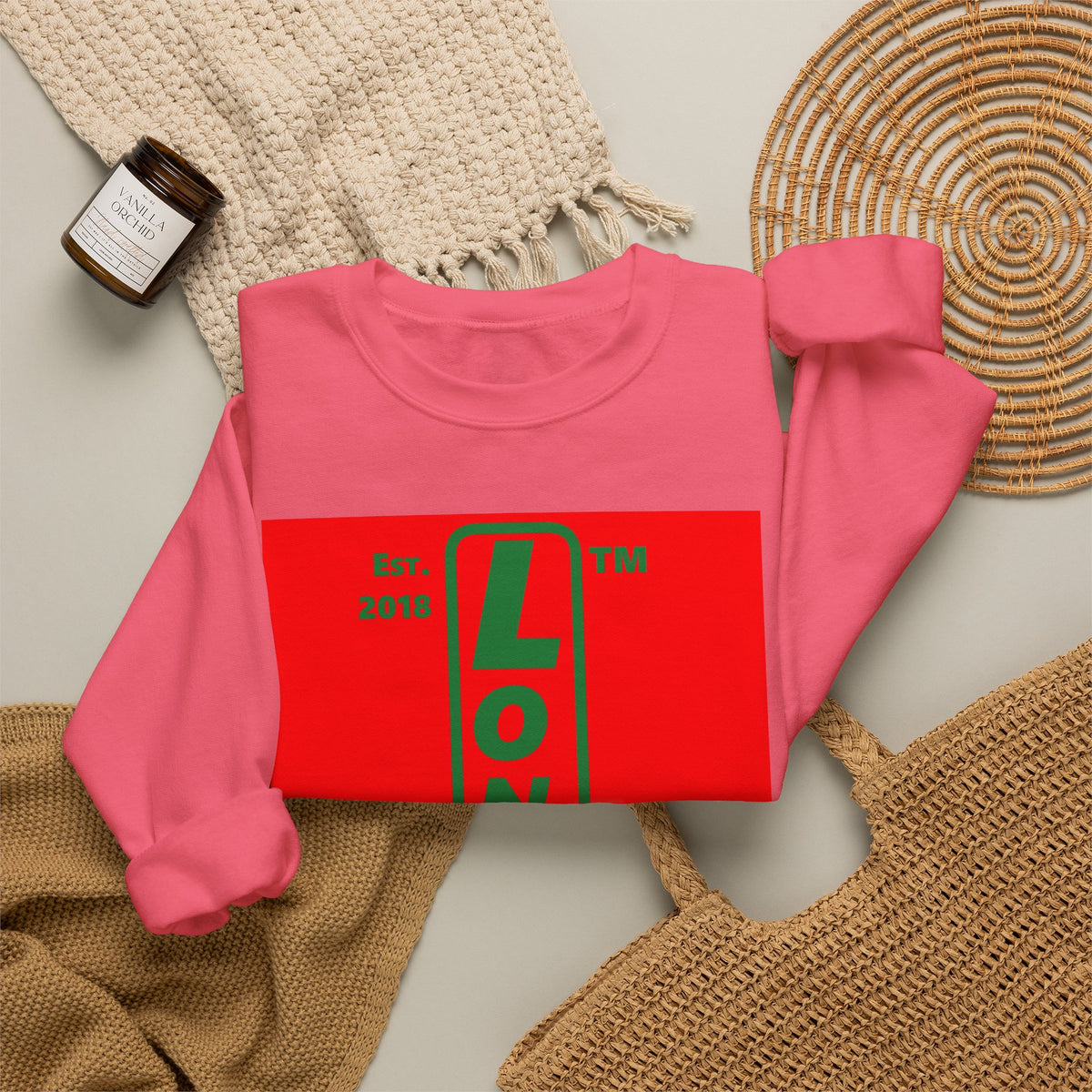 LongD Chicago upright logo positive green on negative red (Xmas colors) crewneck sweatshirt